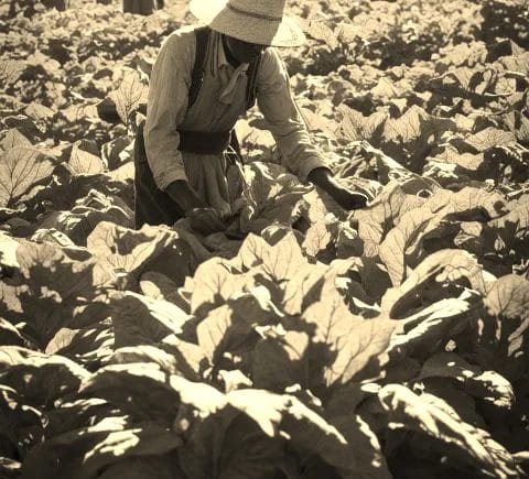 settlers harvesting tobacco plants