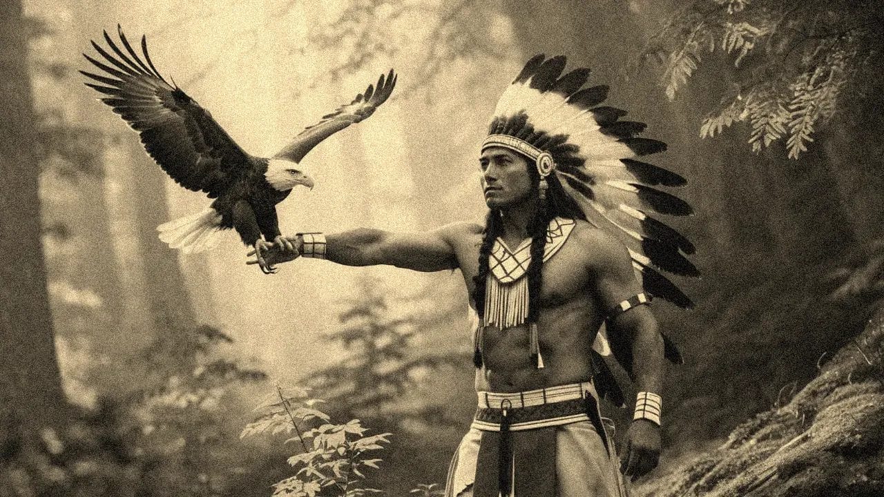 Algonquin warrior in traditional attire standing proudly on the edge of a lush forest